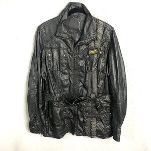 Barbour Jacket Womens 14 Black Waxed Utility Belted Camp Goth Punk Retro Rock